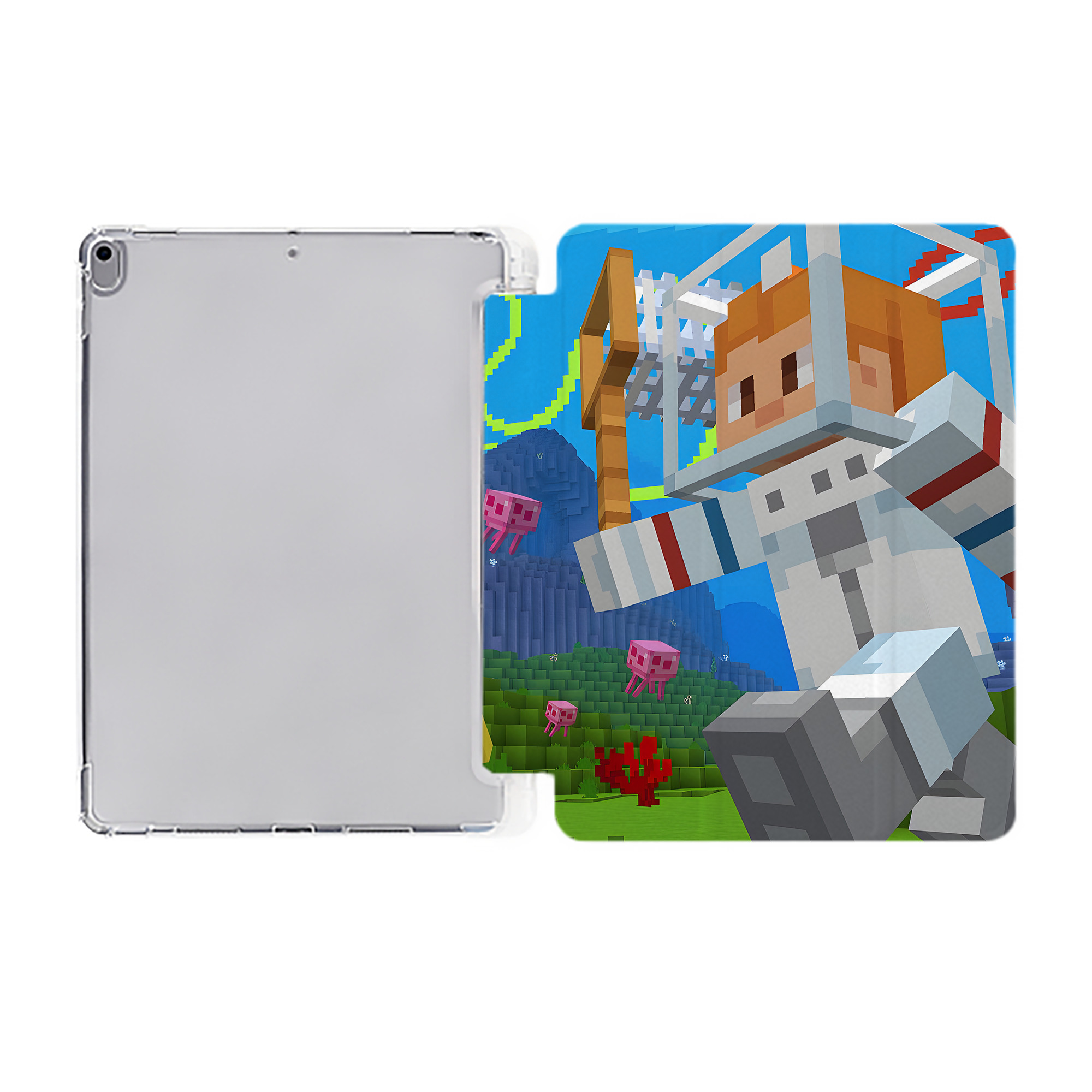 （画像用） マインクラフト ブロックの世界 Minecraft MC Block world IPad ケース ペン収納付き 三つ折りスタンド PUレザー×シリコン 対応機種9.5/10.5/10.9インチ